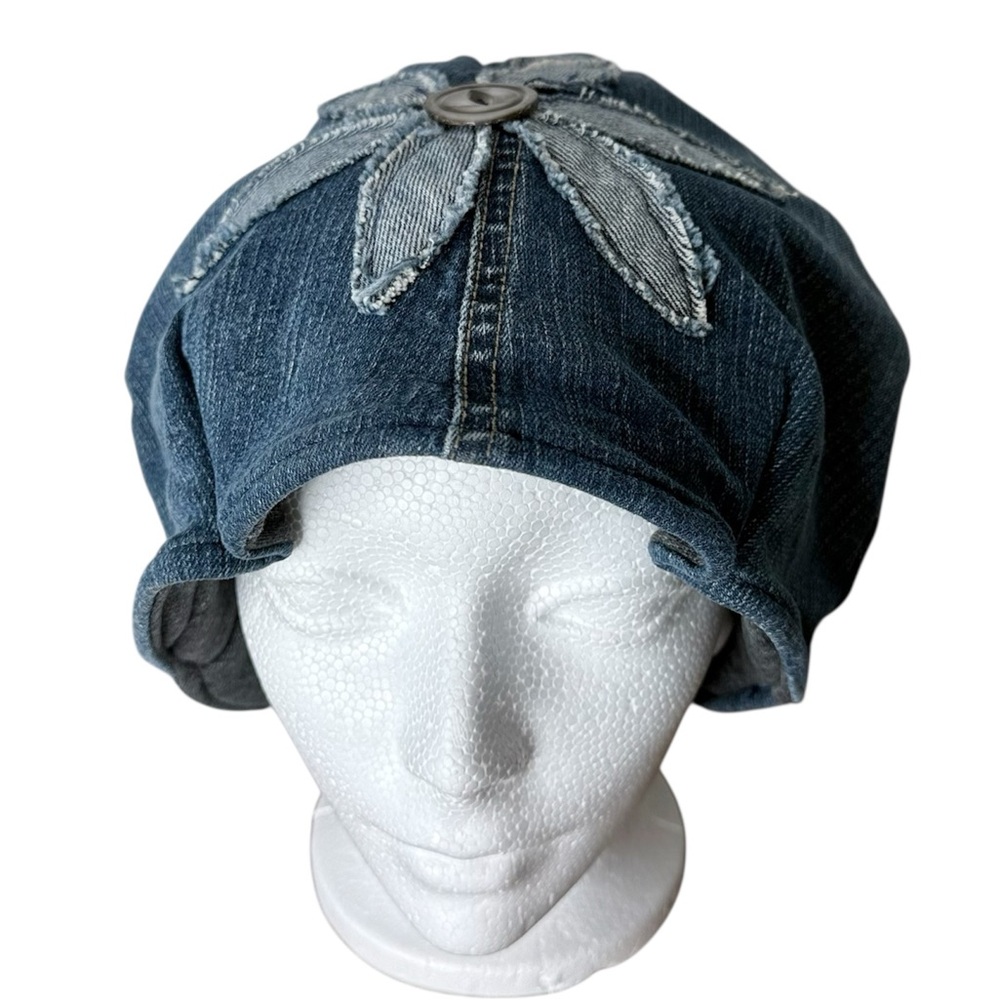 Upcycled Reversible Denim Hat Beanie Toque TNA Flower Appliqué Tea Cozy